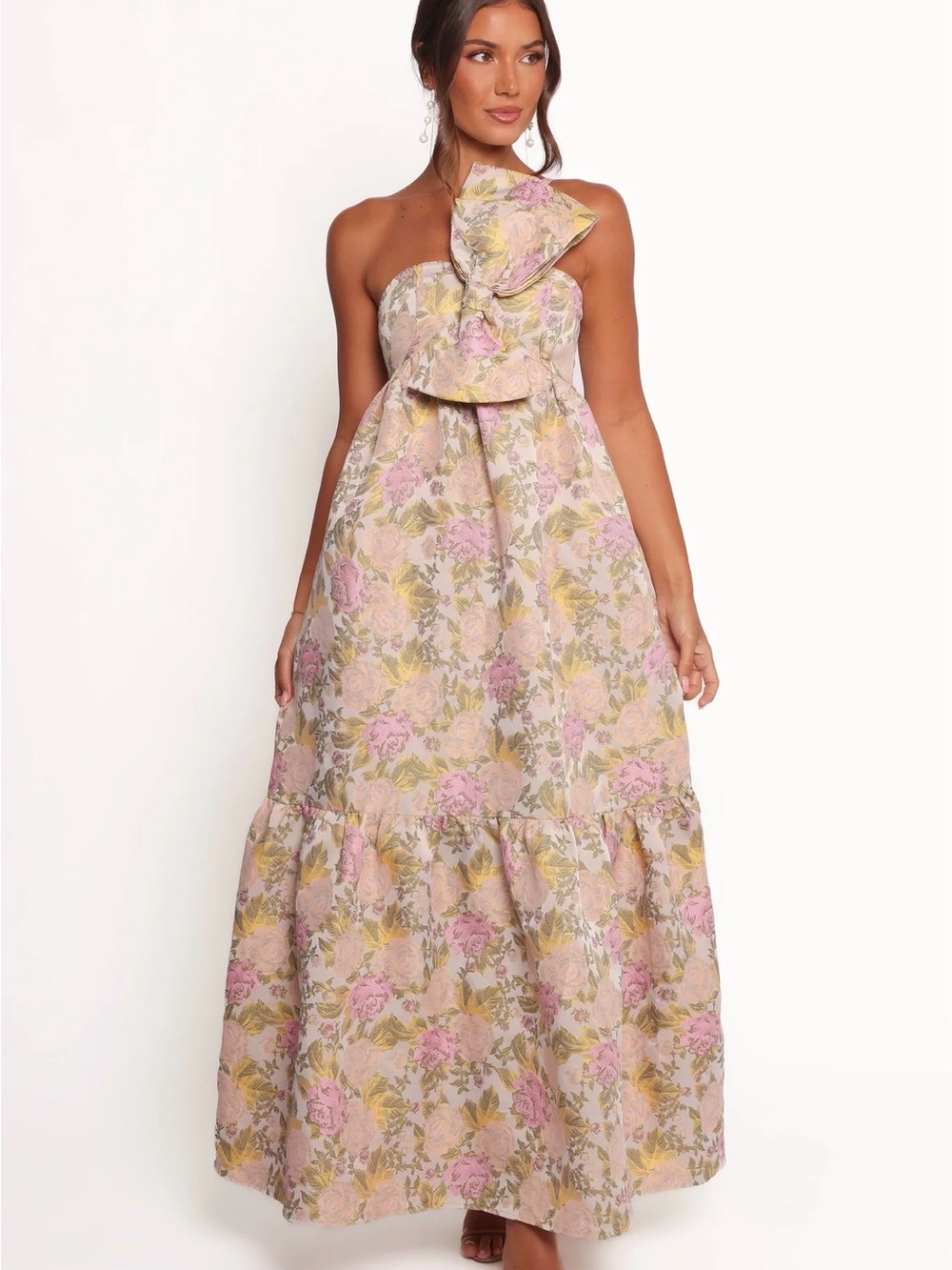 Petal & Pup Pink Floral One-Shoulder Maxi Gown with bow - Picture 2 of 3